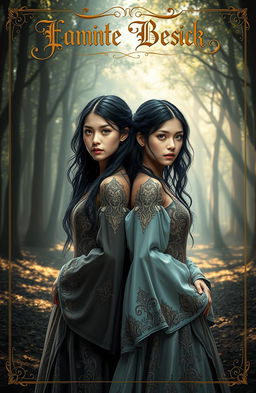 A captivating fantasy book cover featuring two identical maidens with striking black hair and mesmerizing gold eyes