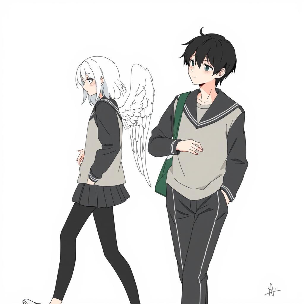 An illustration featuring a male high school student with black hair, depicted in a no-face style, walking with a slight downward gaze, embodying a thoughtful demeanor