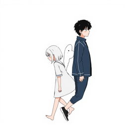 An illustration featuring a male high school student with black hair, depicted in a no-face style, walking with a slight downward gaze, embodying a thoughtful demeanor