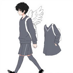 An illustration featuring a male high school student with black hair, depicted in a no-face style, walking with a slight downward gaze, embodying a thoughtful demeanor