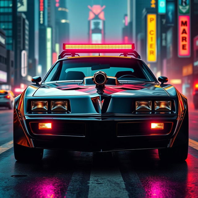 A dramatic front view of a black 1978 Trans Am, featuring a striking and muscular silhouette