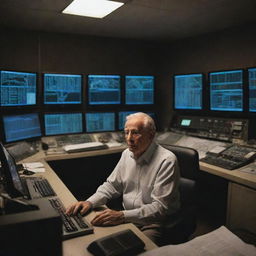 In the dimly lit control room, the wealthy elderly man is shown frustrated and upset, most of the systems offline due to the power outage, with only a single functioning computer as his beacon of hope amidst the chaos.