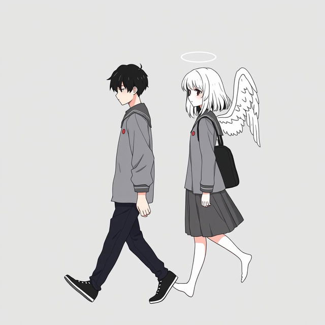 An expressive illustration featuring a male high school student with black hair, depicted in a no-face style, walking with a slight downward gaze that conveys a gloomy demeanor