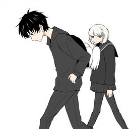 An expressive illustration featuring a male high school student with black hair, depicted in a no-face style, walking with a slight downward gaze that conveys a gloomy demeanor