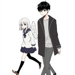 An expressive illustration featuring a male high school student with black hair, depicted in a no-face style, walking with a slight downward gaze that conveys a gloomy demeanor