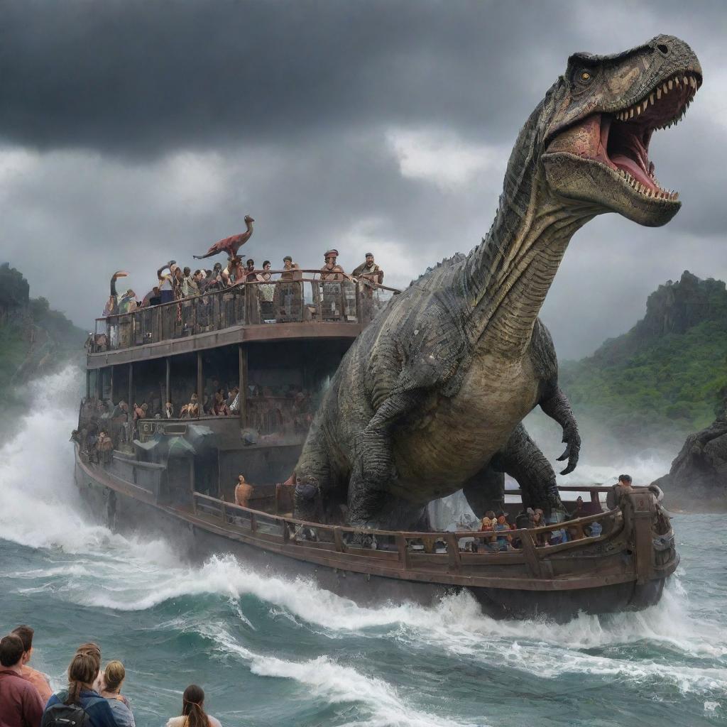 A large group of shaken visitors are seen evacuating the Jurassic-themed island, boarding a hastily prepared sea vessel against the backdrop of the storm and the menacing outline of the dinosaur-filled park.