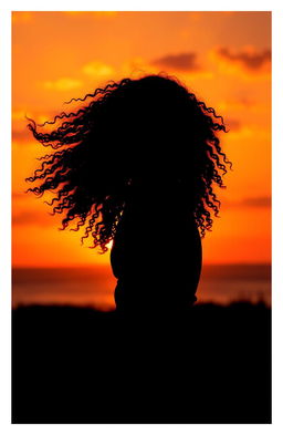 A visually stunning poster featuring a girl with sexy, curly hair silhouetted against a vibrant sunset