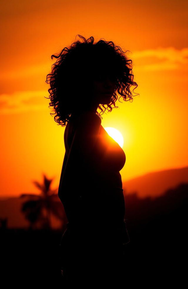 A visually stunning poster featuring a girl with sexy, curly hair silhouetted against a vibrant sunset