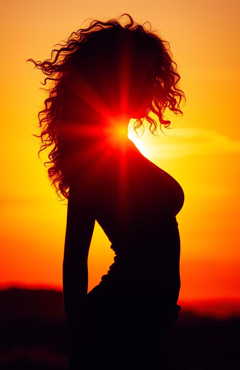 A visually stunning poster featuring a girl with sexy, curly hair silhouetted against a vibrant sunset