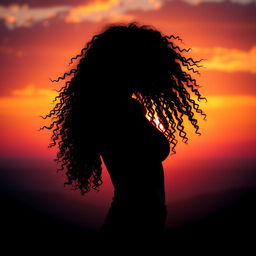 A captivating poster featuring a girl with sexy, long curly hair silhouetted against a breathtaking sunset