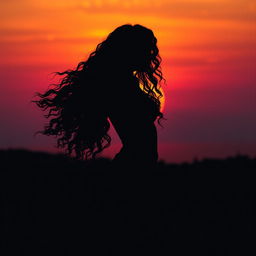 A captivating poster featuring a girl with sexy, long curly hair silhouetted against a breathtaking sunset