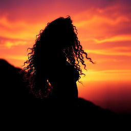 A captivating poster featuring a girl with sexy, long curly hair silhouetted against a breathtaking sunset