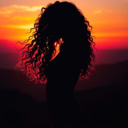 A captivating poster featuring a girl with sexy, long curly hair silhouetted against a breathtaking sunset