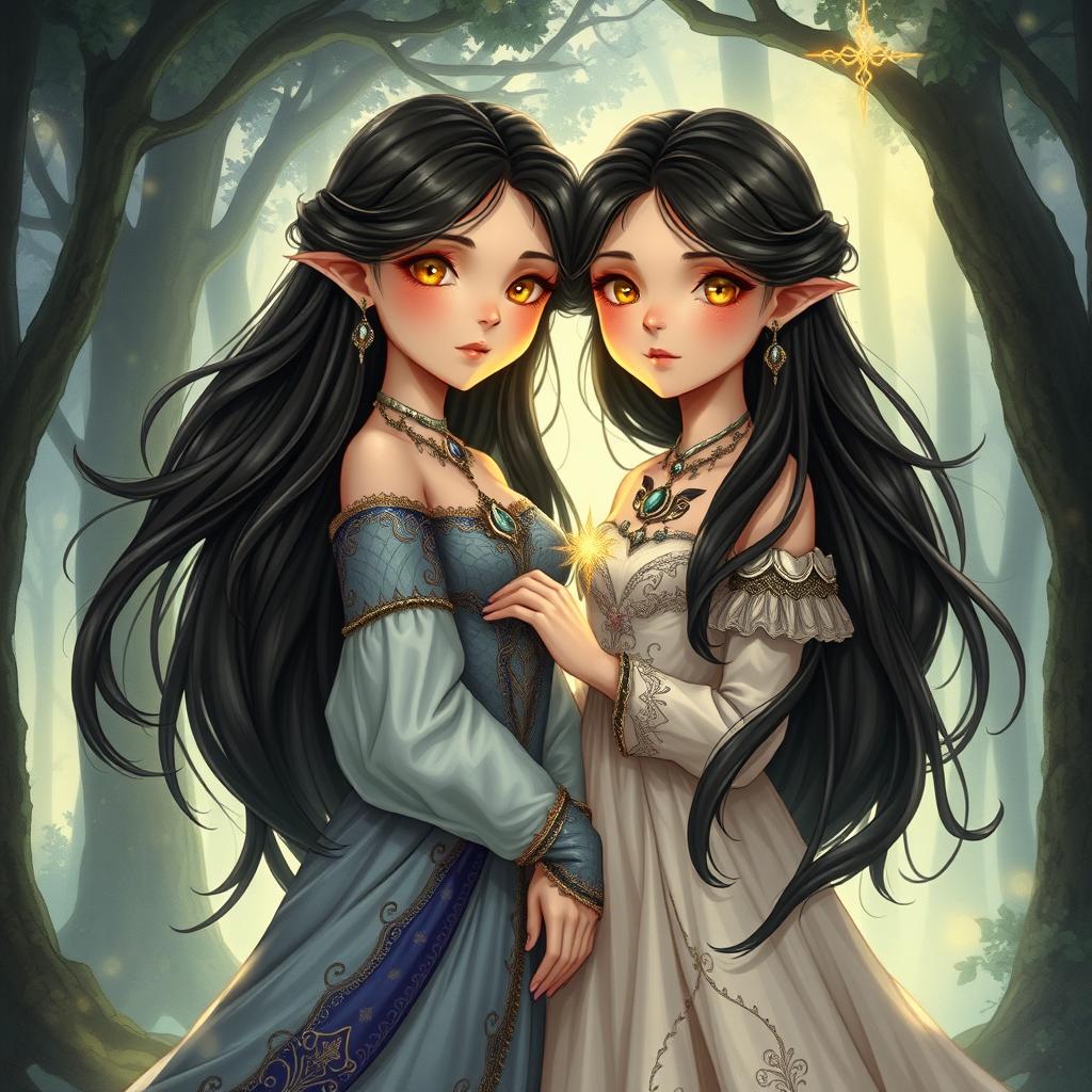 A stunning fantasy illustration featuring two maidens with identical faces, one being a duke's daughter and the other a commoner