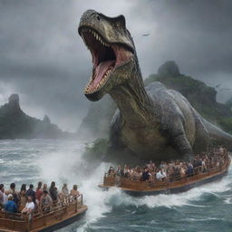 A large group of shaken visitors are seen evacuating the Jurassic-themed island, boarding a hastily prepared sea vessel against the backdrop of the storm and the menacing outline of the dinosaur-filled park.