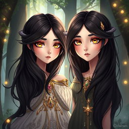 A stunning fantasy illustration featuring two maidens with identical faces, one being a duke's daughter and the other a commoner