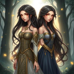 A stunning fantasy illustration featuring two maidens with identical faces, one being a duke's daughter and the other a commoner