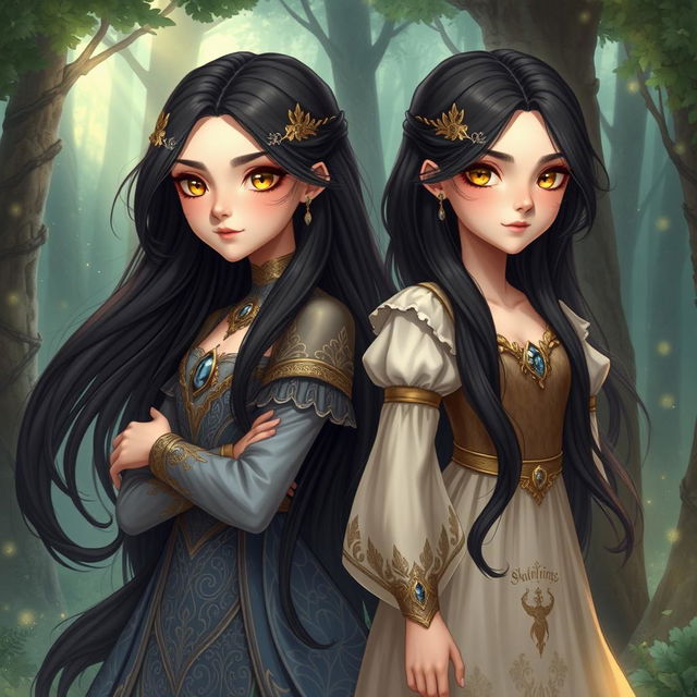 A stunning fantasy illustration featuring two maidens with identical faces, one being a duke's daughter and the other a commoner