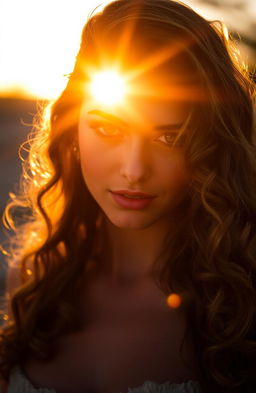 A stunning portrait of a sexy girl with long, curly hair illuminated by a beautiful sunset