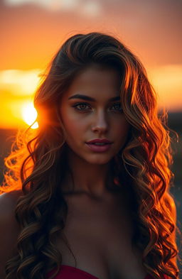 A stunning portrait of a sexy girl with long, curly hair illuminated by a beautiful sunset