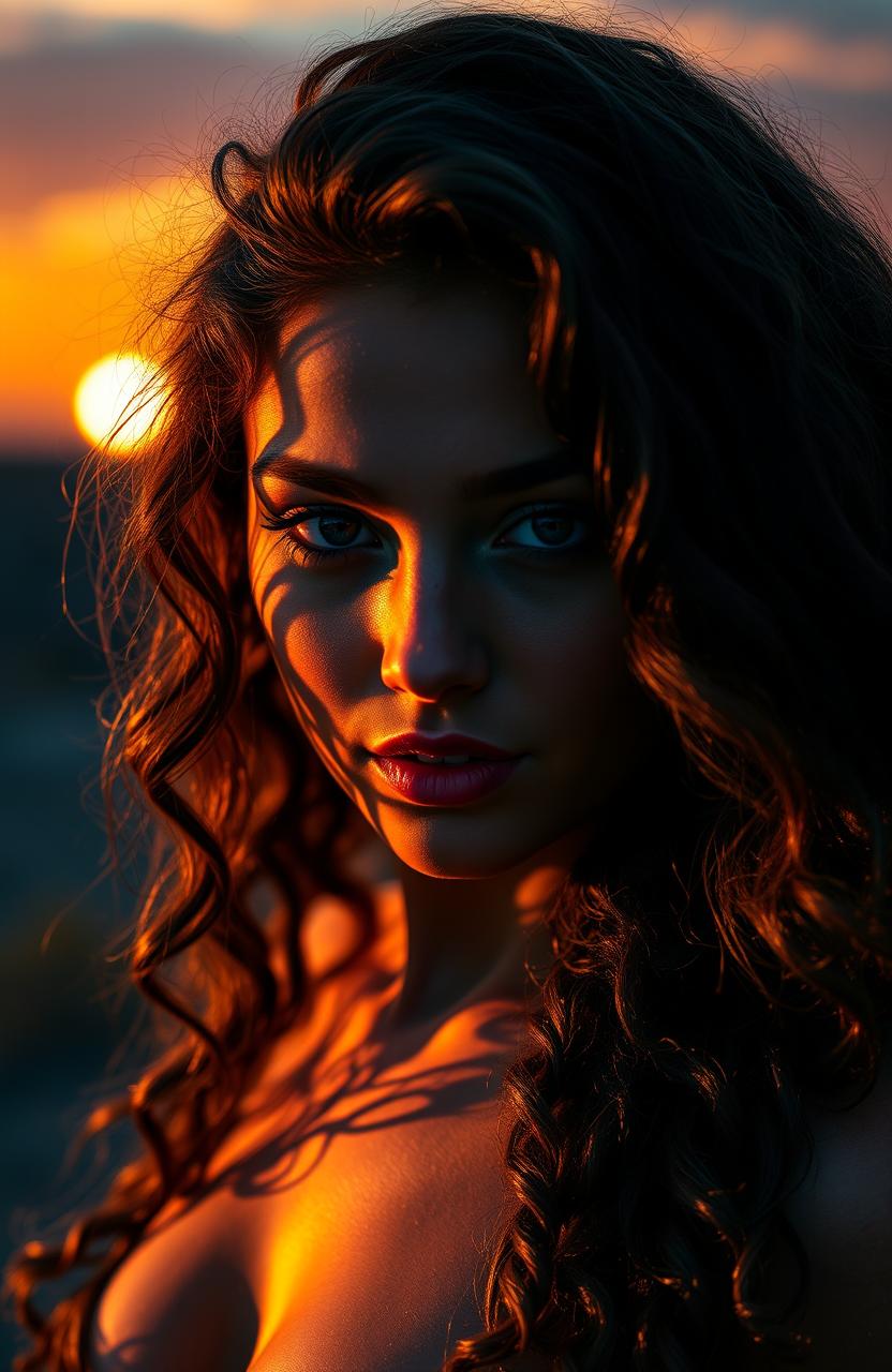 A stunning portrait of a sexy girl with long, curly hair illuminated by a beautiful sunset