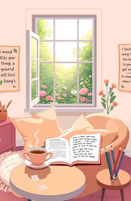 A serene and calming illustration depicting a self-care guide for parents of autistic children