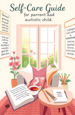 A serene and calming illustration depicting a self-care guide for parents of autistic children