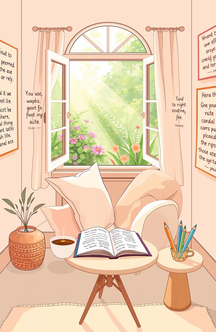 A serene and calming illustration depicting a self-care guide for parents of autistic children