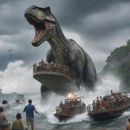 A large group of shaken visitors are seen evacuating the Jurassic-themed island, boarding a hastily prepared sea vessel against the backdrop of the storm and the menacing outline of the dinosaur-filled park.