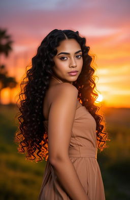 A stunning portrait of a girl with long, curly hair, set against a vibrant sunset backdrop