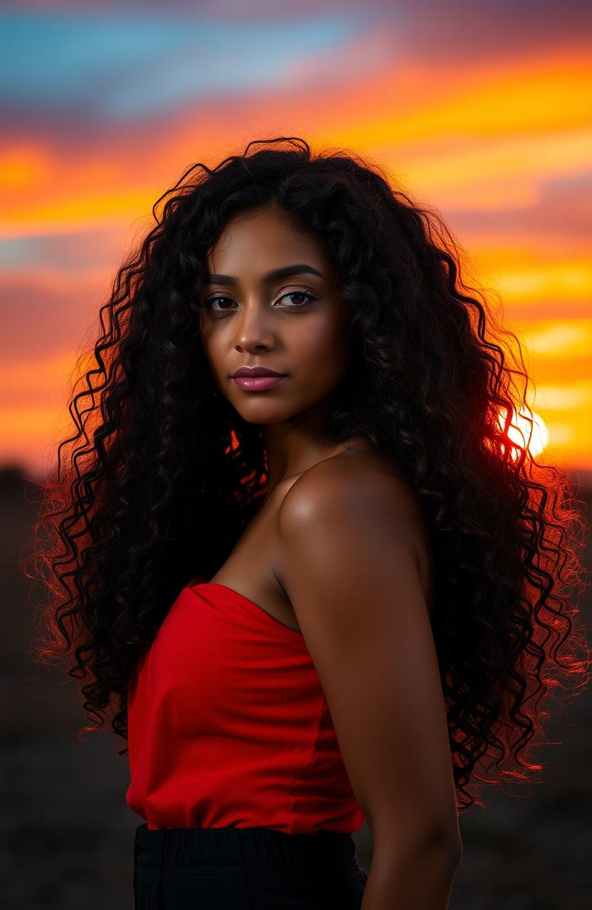 A stunning portrait of a girl with long, curly hair, set against a vibrant sunset backdrop