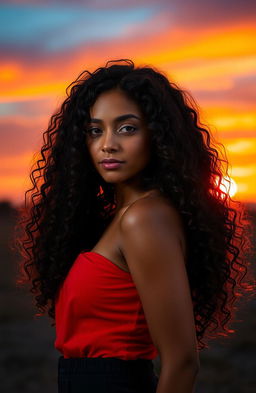 A stunning portrait of a girl with long, curly hair, set against a vibrant sunset backdrop