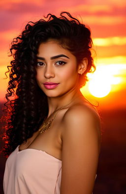 A stunning portrait of a girl with long, curly hair, set against a vibrant sunset backdrop