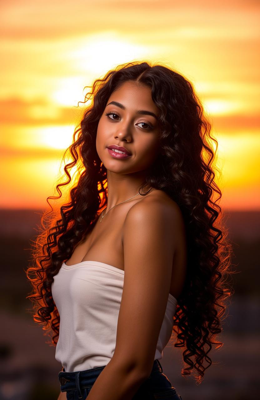 A stunning portrait of a girl with long, curly hair, set against a vibrant sunset backdrop