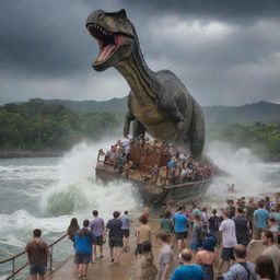 A large group of shaken visitors are seen evacuating the Jurassic-themed island, boarding a hastily prepared sea vessel against the backdrop of the storm and the menacing outline of the dinosaur-filled park.