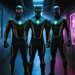 Electropunk superheroes, their costumes and arsenal fused with high-voltage electrotech. Neon lines and circuits run across their suits, casting vibrant glows. Their powers are visually represented with electric arcs and discharges, emboding the raw energy of this genre.