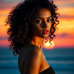 A captivating portrait poster of a girl with long, sexy curly hair, set against a breathtaking sunset