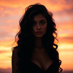 A captivating portrait poster of a girl with long, sexy curly hair, set against a breathtaking sunset