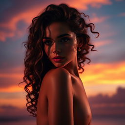 A captivating portrait poster of a girl with long, sexy curly hair, set against a breathtaking sunset