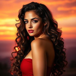 A captivating portrait poster of a girl with long, sexy curly hair, set against a breathtaking sunset