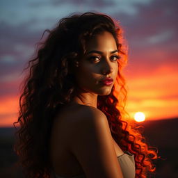 An alluring portrait poster of a girl with long, sexy curly hair, beautifully illuminated by a breathtaking sunset