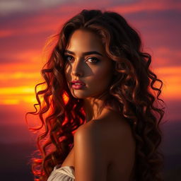 An alluring portrait poster of a girl with long, sexy curly hair, beautifully illuminated by a breathtaking sunset