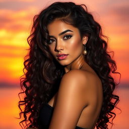 An alluring portrait poster of a girl with long, sexy curly hair, beautifully illuminated by a breathtaking sunset