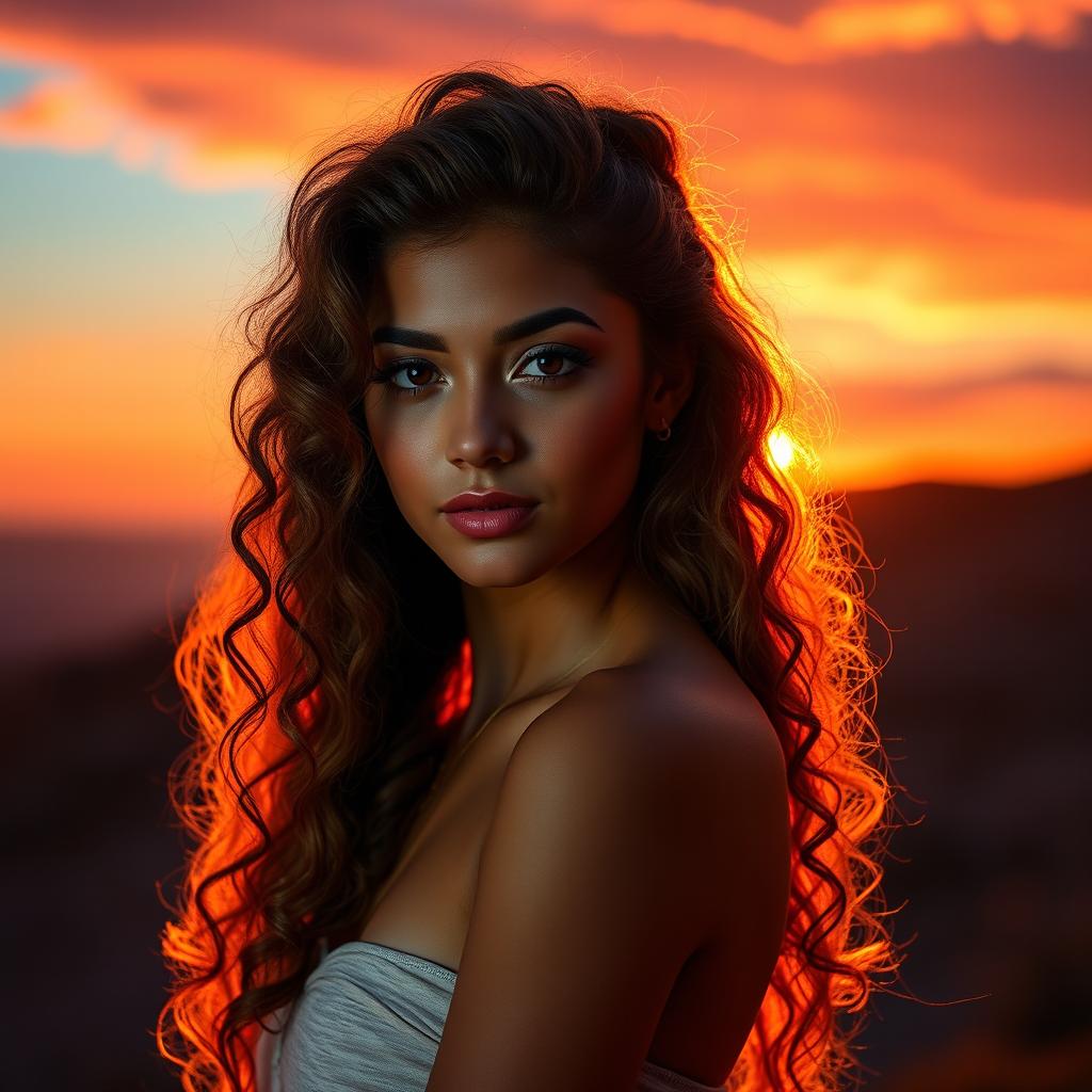 An alluring portrait poster of a girl with long, sexy curly hair, beautifully illuminated by a breathtaking sunset