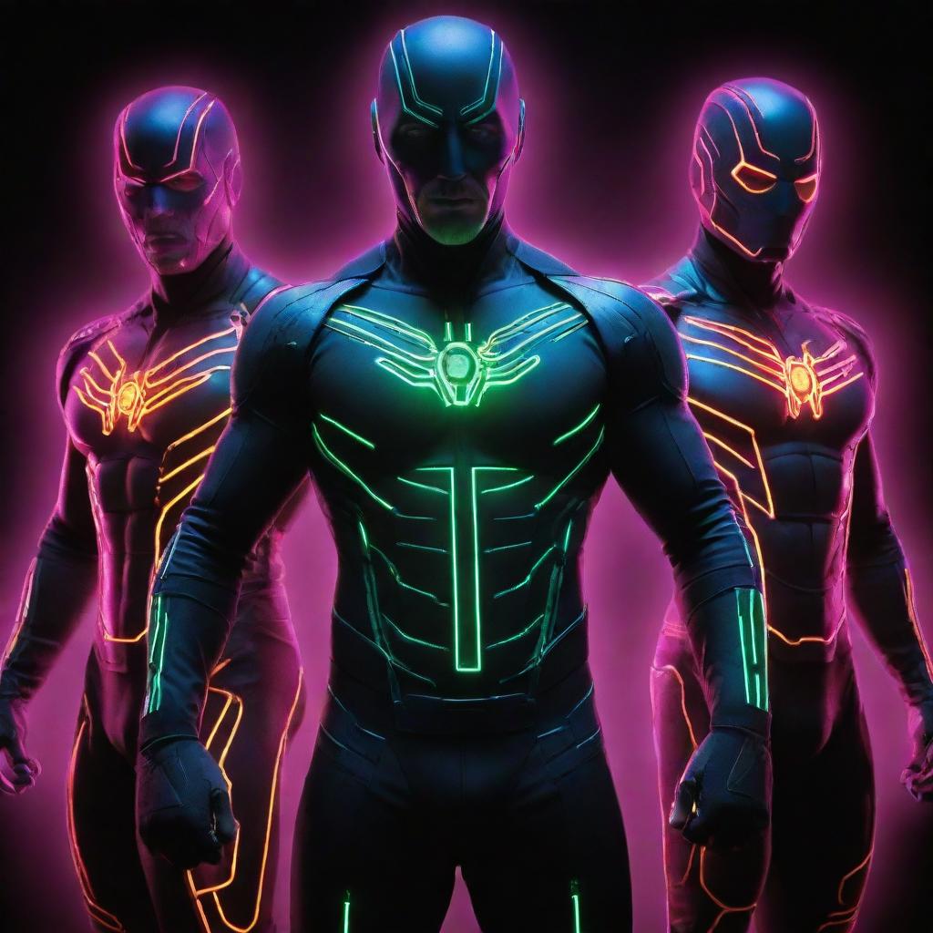 Electropunk superheroes, their costumes and arsenal fused with high-voltage electrotech. Neon lines and circuits run across their suits, casting vibrant glows. Their powers are visually represented with electric arcs and discharges, emboding the raw energy of this genre.