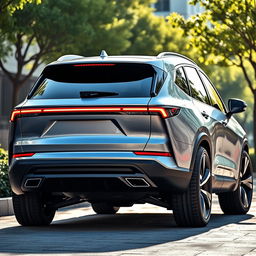 A futuristic rear design of a 2024 SUV showcasing sleek lines and innovative features