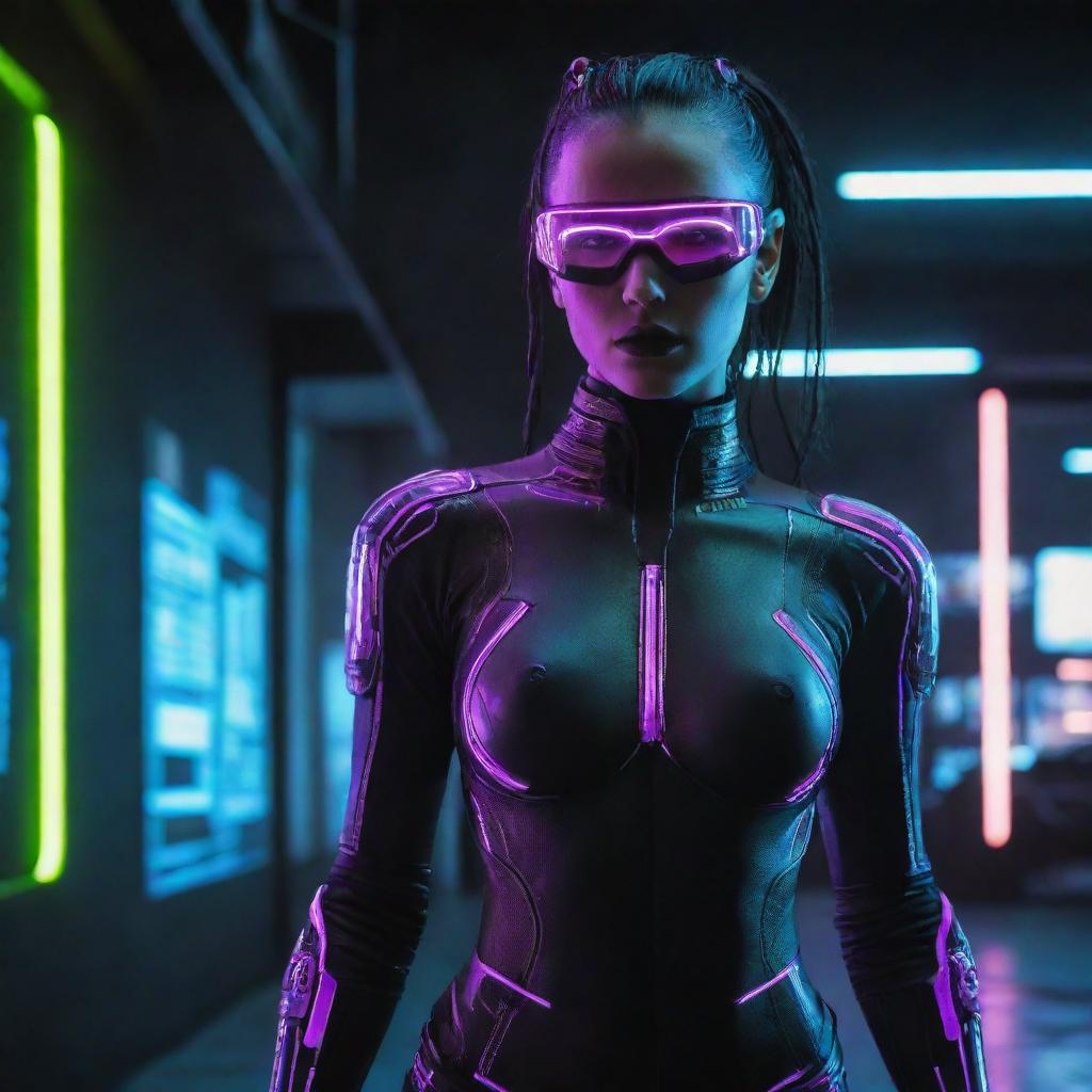 Cyberpunk superheroes in neon-drenched, futuristic attire. High-tech implants, digital interfaces, and neon glowing lines define their look. Their powers manifest through advanced cybernetics, hacking, and networking abilities, reflecting the dystopian high-tech, low-life world.