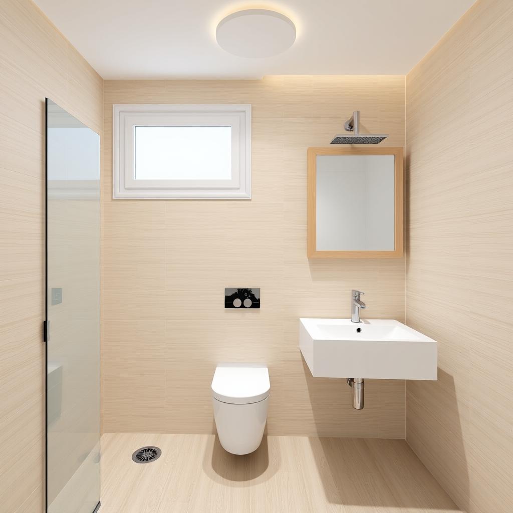 A modern minimalist bathroom design measuring 1