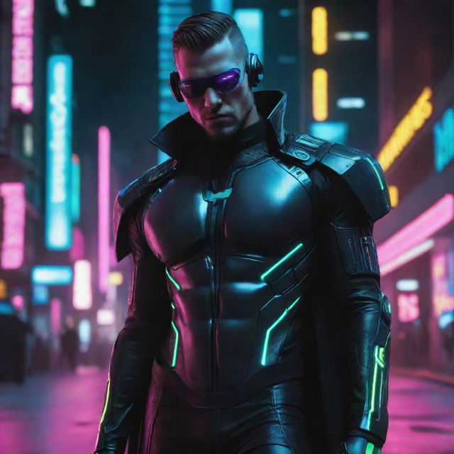 Cyberpunk superheroes in neon-drenched, futuristic attire. High-tech implants, digital interfaces, and neon glowing lines define their look. Their powers manifest through advanced cybernetics, hacking, and networking abilities, reflecting the dystopian high-tech, low-life world.