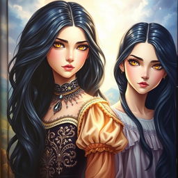 A captivating book cover for a fantasy story featuring two maidens with identical faces, one being a duke's daughter and the other a commoner